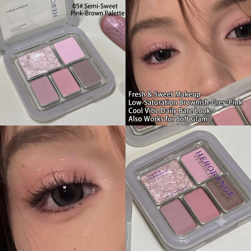 HERORANGE Soft Colorful Eye-Brightening Eyeshadow Palette Matte Pearl Delicate Pigmented Low-Saturation Atmospheric 5-Color Eyeshadow