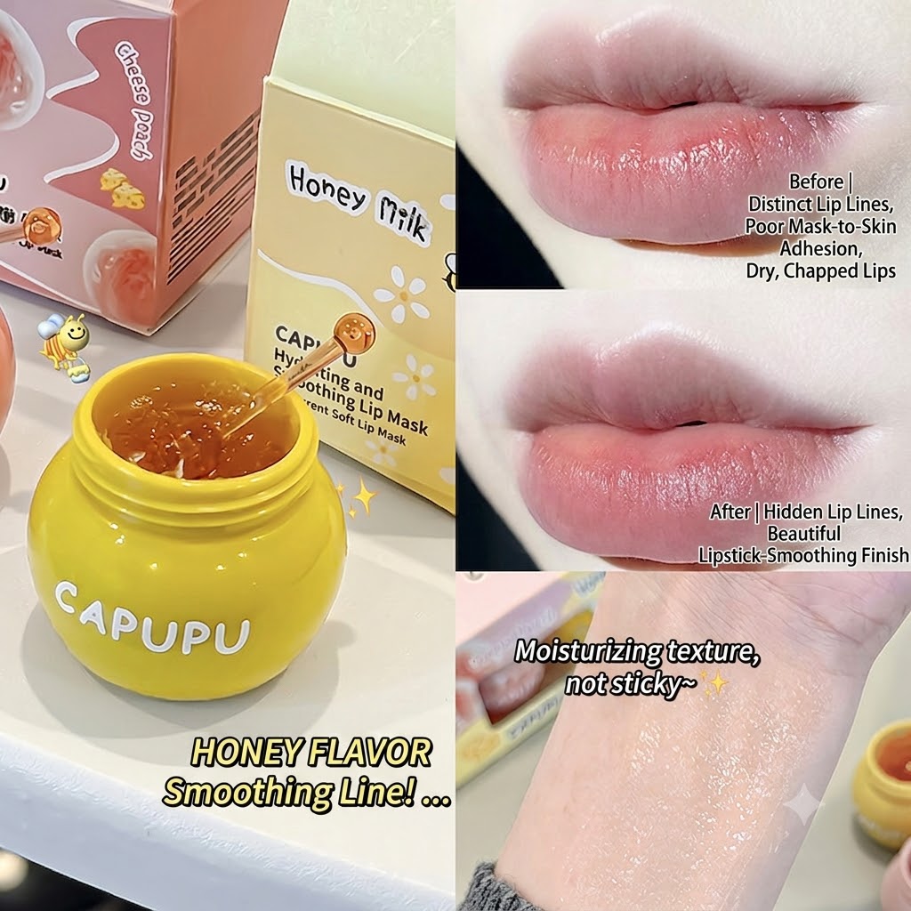 CAPUPU Peach Honey Lip Mask - Hydrating, Moisturizing & Anti-Chapping Lip Care Balm for Fine Lines Reduction view 6