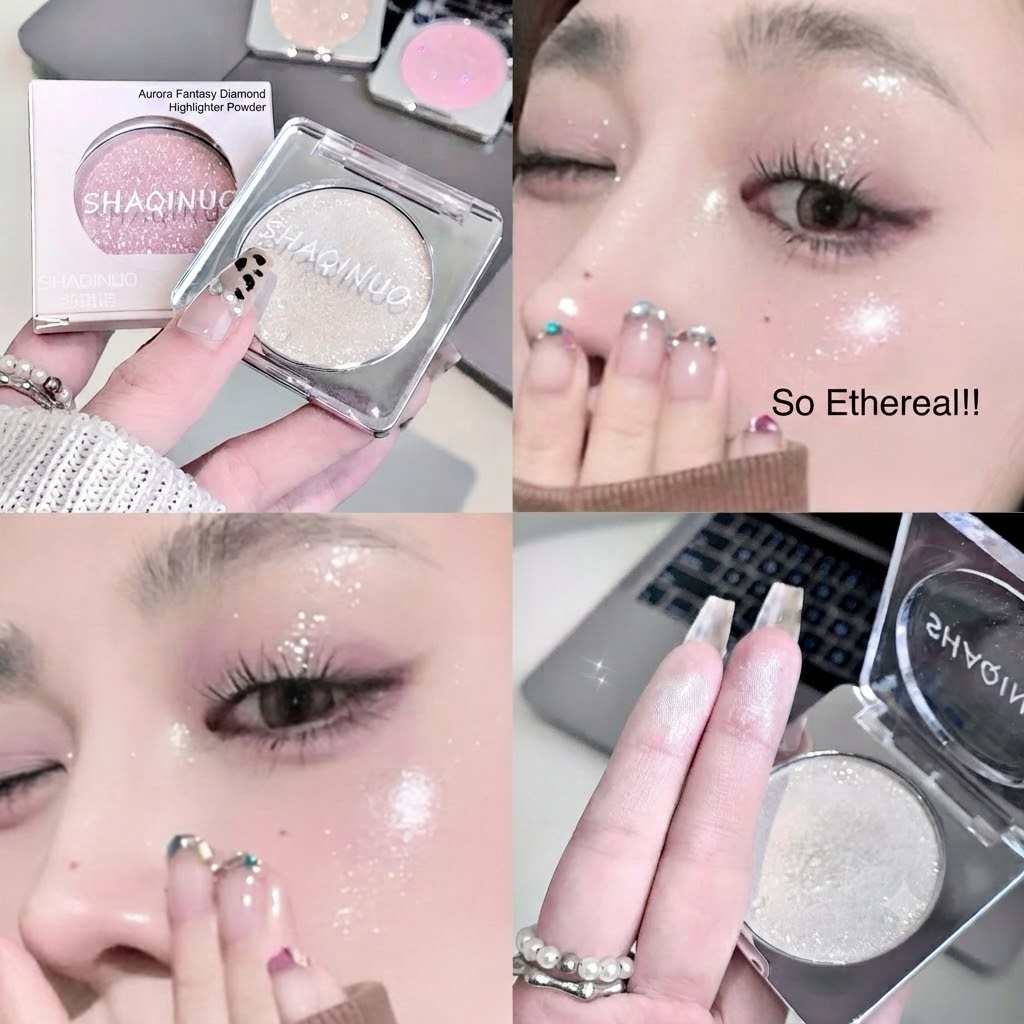 SHAQINUO Aurora Fantasy Diamond Highlighter Powder Pearl Brightening Fine Shimmer Crush Diamond Highlighter Cream Delicate Duochrome Highlighting Pressed Powder view 2