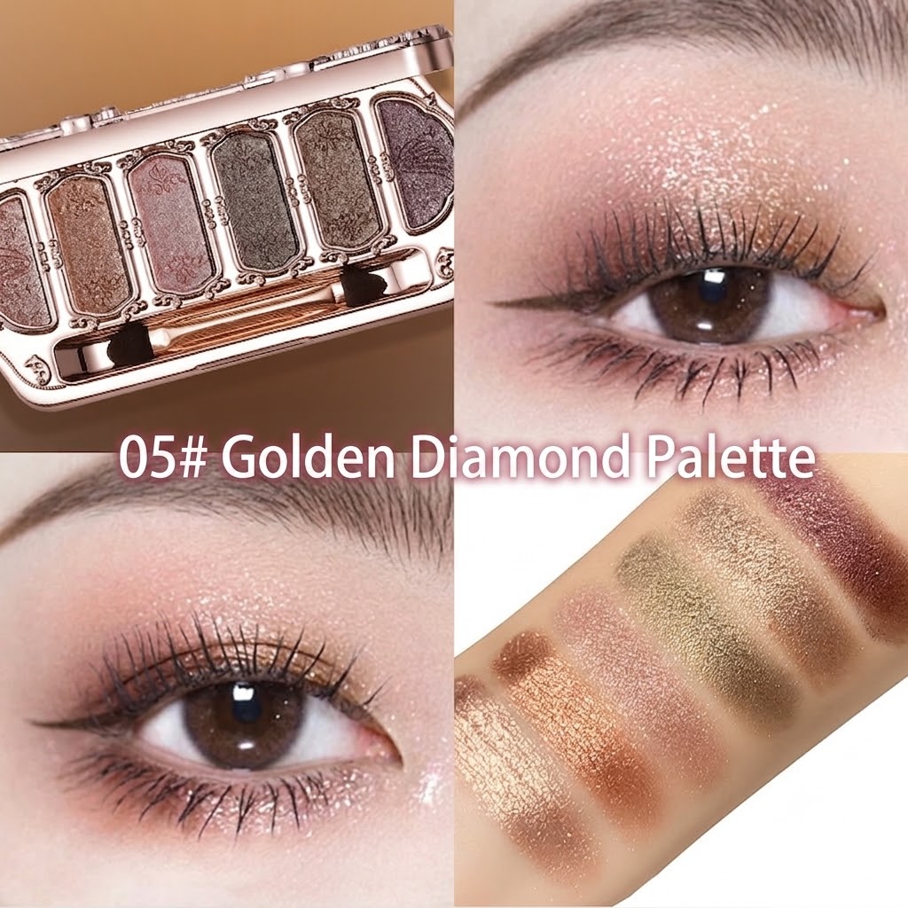 6 Colors Shimmer & Matte Eyeshadow Palette, Diamond Glitter Powder & Contour Highlighter All-in-One Eyeshadow Makeup Palette, High Pigmented & Waterproof Eye Shadow