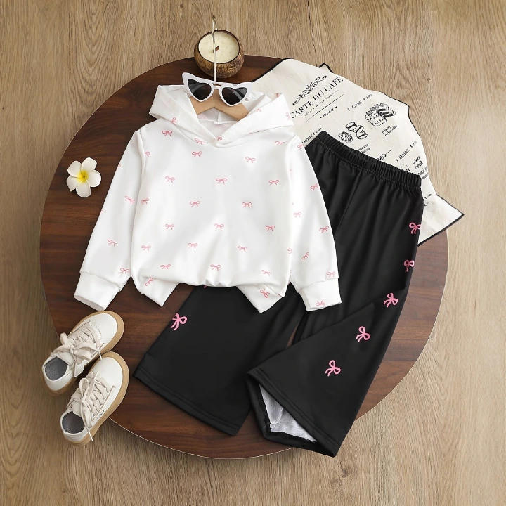 Baby Girl 2-Piece Outfit Set, Cute White Knitted Hooded Sweatshirt with Bow Graphic & Casual Sweatpants, Toddler Spring Fall Long Sleeve Clothes Set