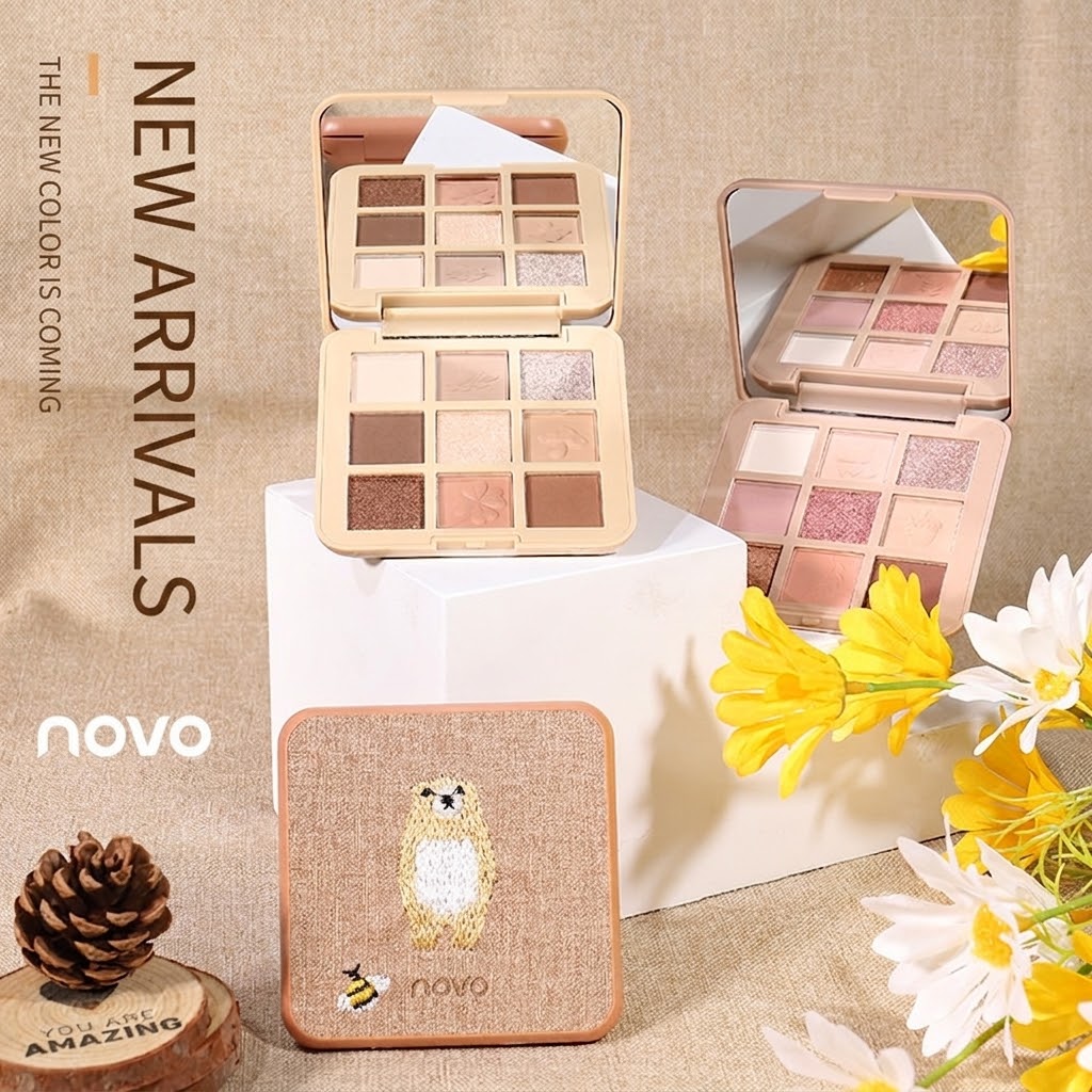 NOVO Phantom Jungle 9-Color Eyeshadow Palette, Cool Tone Embroidery Mirror Compact, Travel-Portable Daily Grey & Neutral Earth Tones Makeup, Ultra-Fine Powder & High Pigment (Cool Grey/Earth)