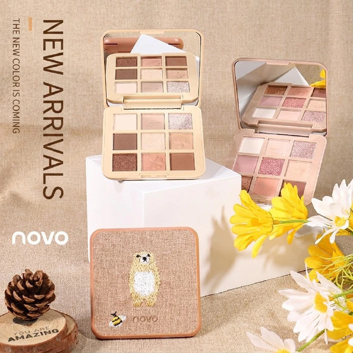 NOVO Phantom Jungle 9-Color Eyeshadow Palette, Cool Tone Embroidery Mirror Compact, Travel-Portable Daily Grey & Neutral Earth Tones Makeup, Ultra-Fine Powder & High Pigment (Cool Grey/Earth)
