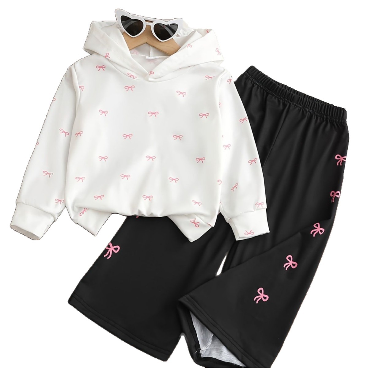 Baby Girl 2-Piece Outfit Set, Cute White Knitted Hooded Sweatshirt with Bow Graphic & Casual Sweatpants, Toddler Spring Fall Long Sleeve Clothes Set