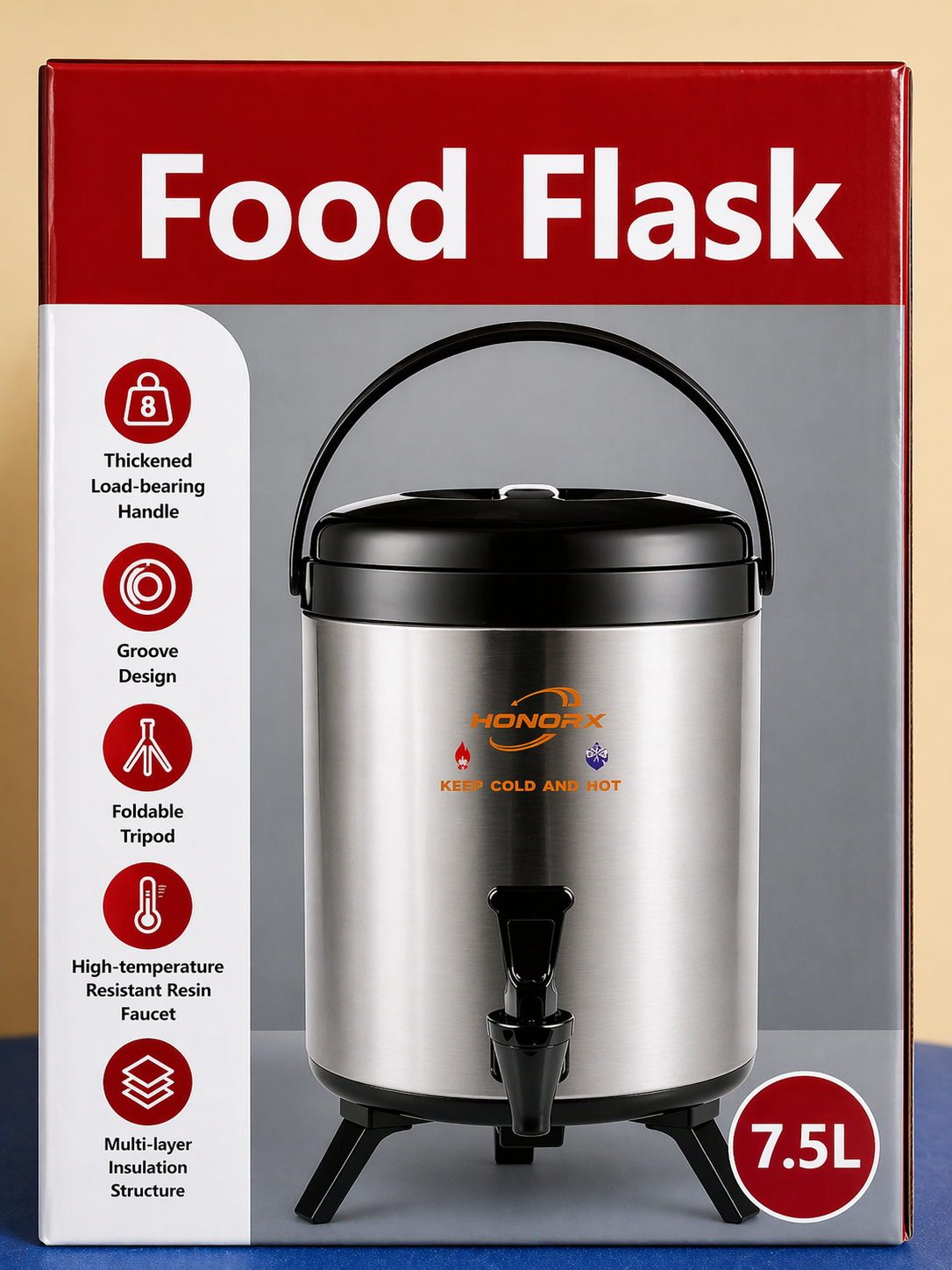 Brand New 7.5L T-Urn Stainless Steel Food Flask – Hot & Cold Insulated Beverage Dispenser.