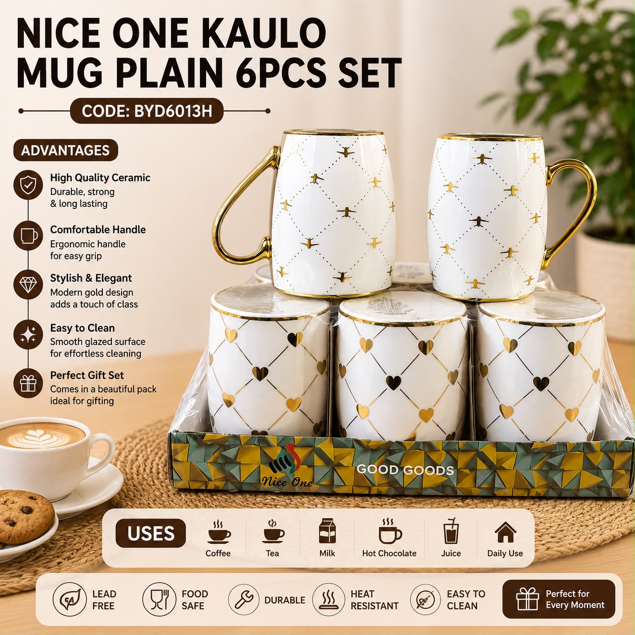 6-Piece Ceramic Mug Set Gold Trim Handle Coffee Tea Cups Gift Box Set (NICE ONE KAULO MUG PLAIN 6PCS SET
)