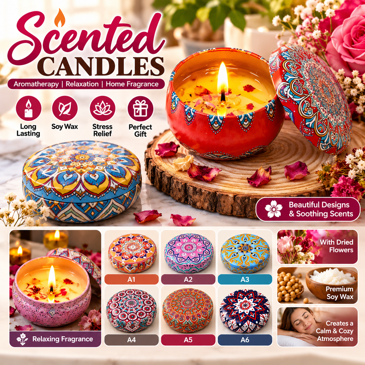 Amazing Scented Candles for Home, Long Lasting, Scented, Soy Wax, Holiday Candle, Aromatherapy, Stress relief, Gifts for women, aromatherapy luxury fragrance, dried flowers scented candle fragrance.