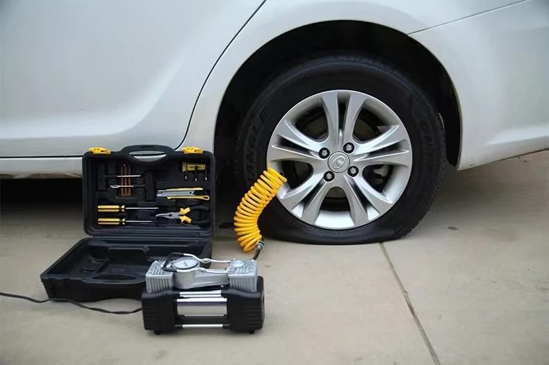 12V Double Cylinder Air Compressor Car Tyre Inflator 150PSI Portable Tire Air Pump with Toolbox & Emergency Repair Kit