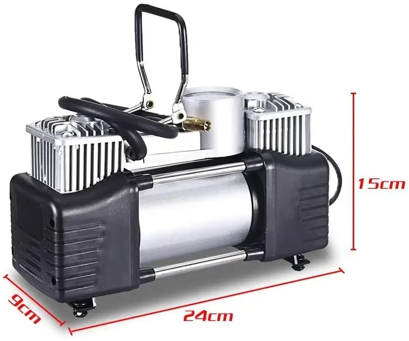 Portable 12V Double Cylinder Car Tyre Inflator Air Compressor 150PSI Heavy Duty Tire Pump with Pressure Gauge & Storage Box