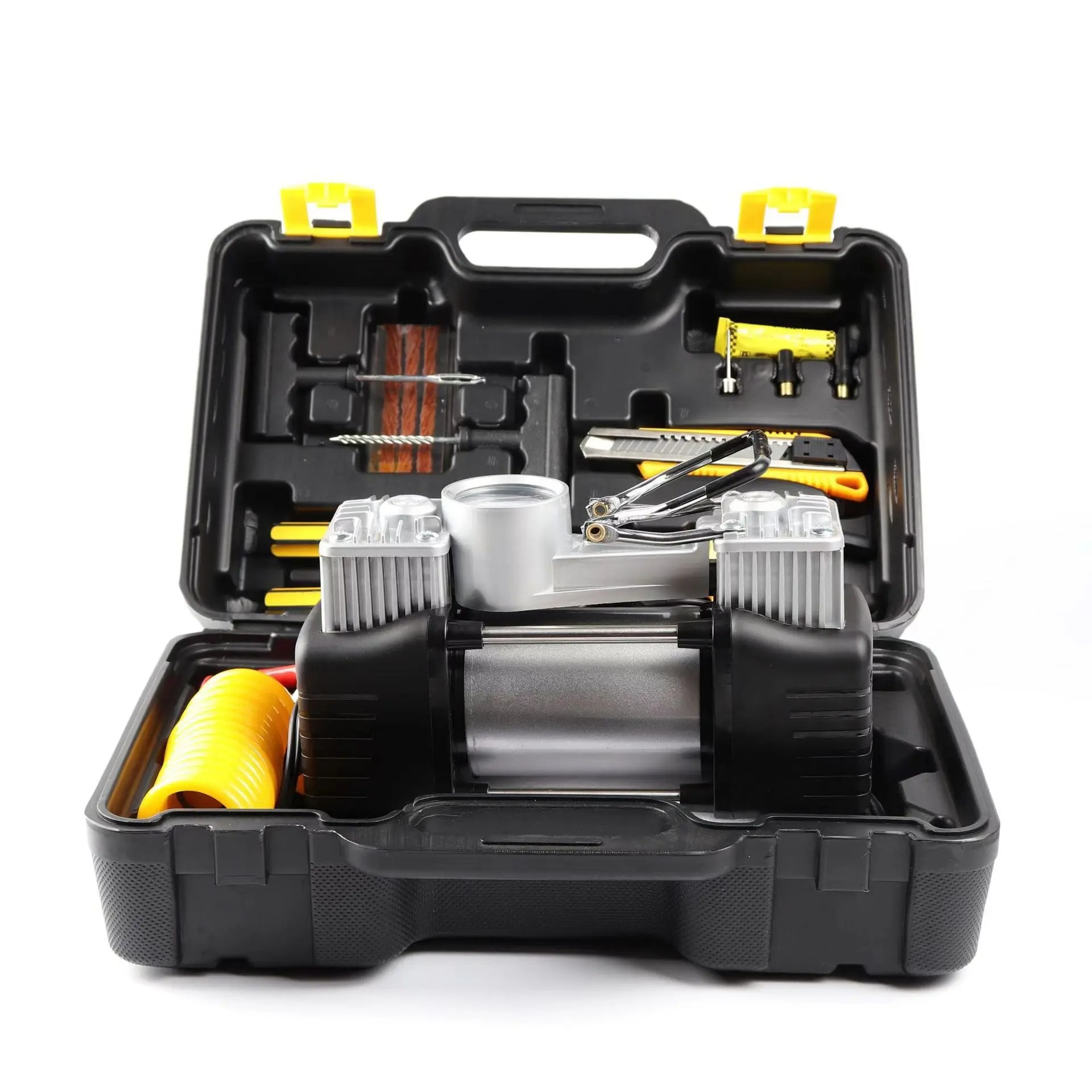 Portable 12V Double Cylinder Car Tyre Inflator Air Compressor 150PSI Heavy Duty Tire Pump with Pressure Gauge & Storage Box