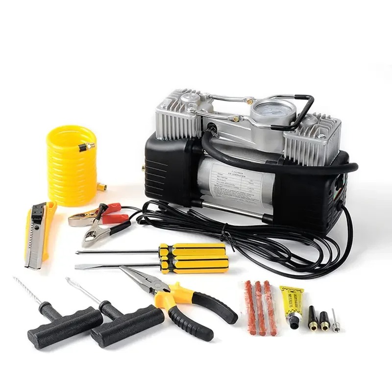 Portable 12V Double Cylinder Car Tyre Inflator Air Compressor 150PSI Heavy Duty Tire Pump with Pressure Gauge & Storage Box