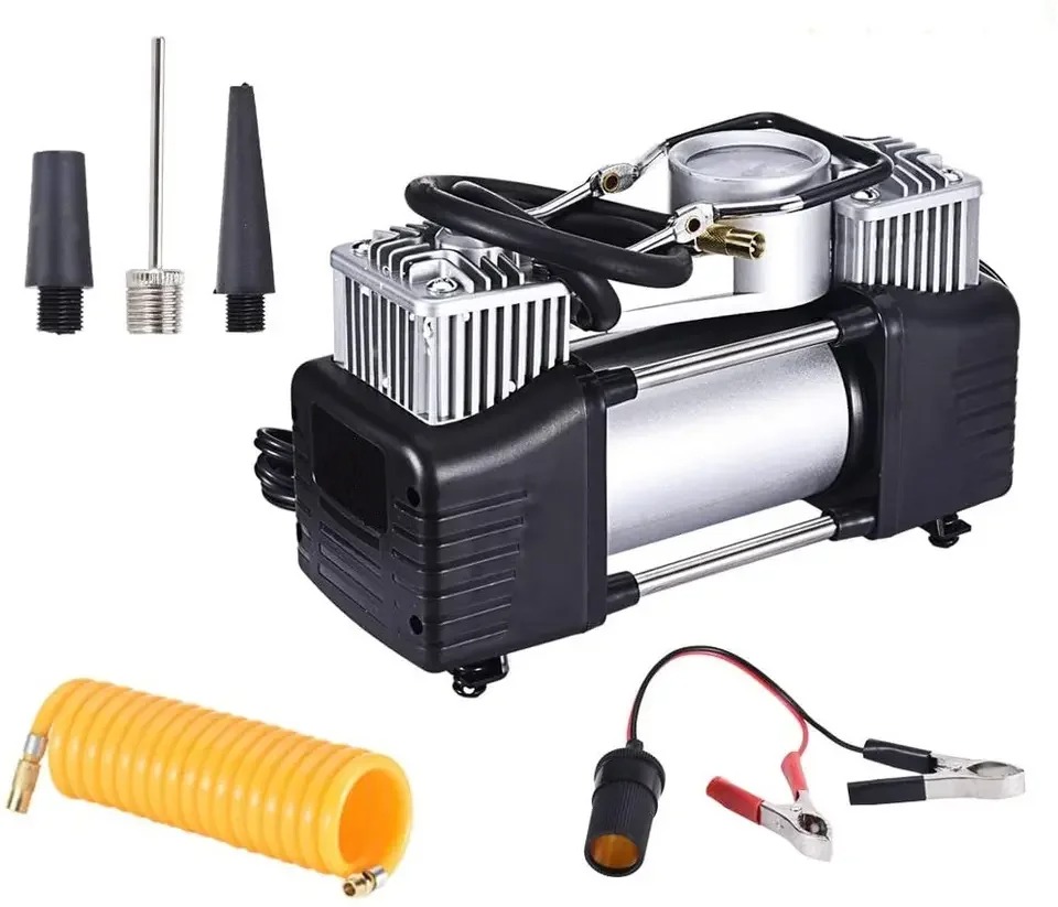 Portable 12V Double Cylinder Car Tyre Inflator Air Compressor 150PSI Heavy Duty Tire Pump with Pressure Gauge & Storage Box