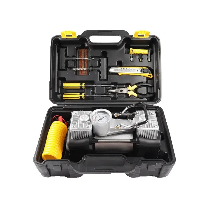 Portable 12V Double Cylinder Car Tyre Inflator Air Compressor 150PSI Heavy Duty Tire Pump with Pressure Gauge & Storage Box