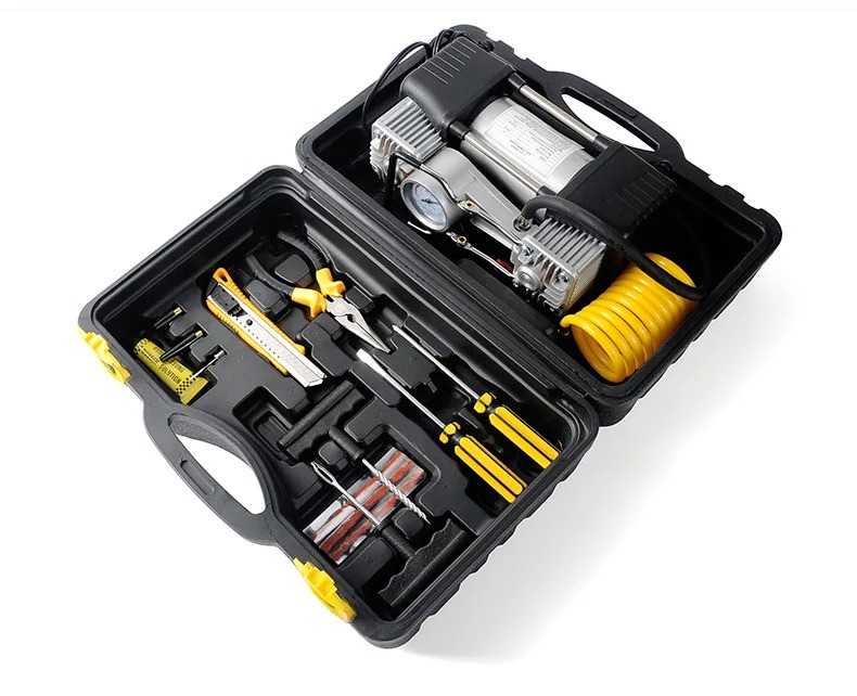 Portable 12V Double Cylinder Car Tyre Inflator Air Compressor 150PSI Heavy Duty Tire Pump with Pressure Gauge & Storage Box