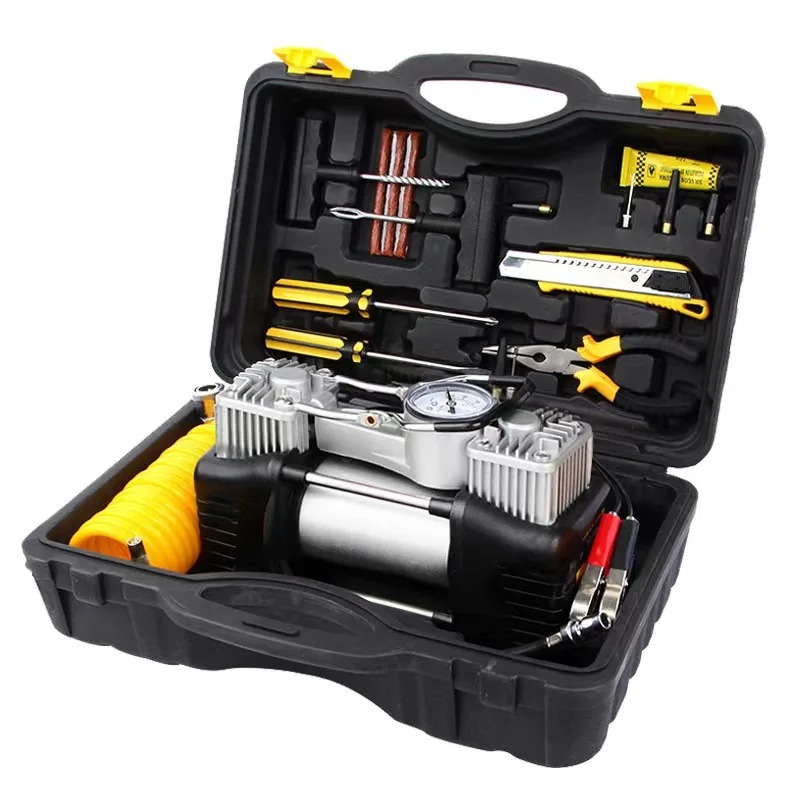 Portable 12V Double Cylinder Car Tyre Inflator Air Compressor 150PSI Heavy Duty Tire Pump with Pressure Gauge & Storage Box