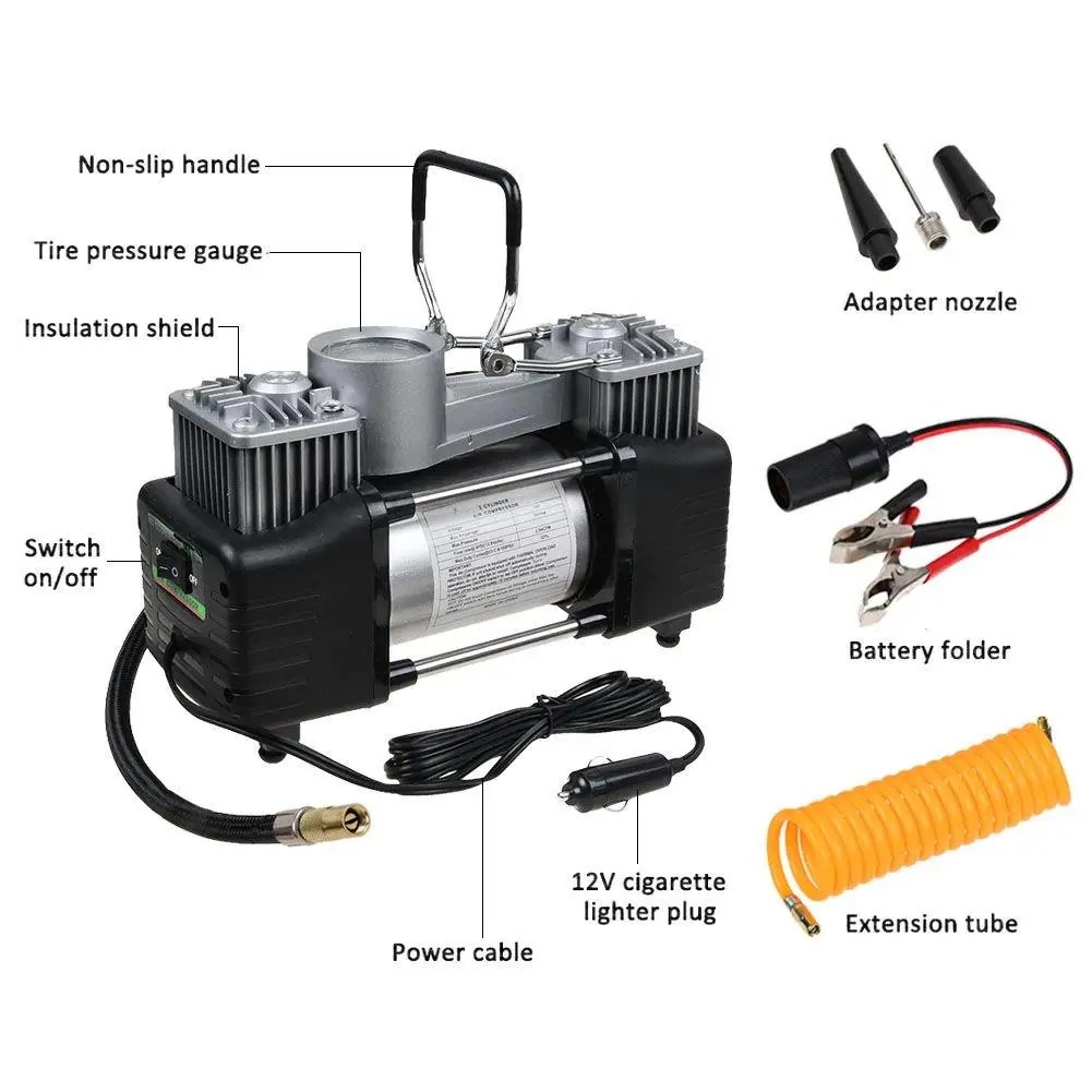 12V Double Cylinder Air Compressor Car Tyre Inflator 150PSI Portable Tire Air Pump with Toolbox & Emergency Repair Kit