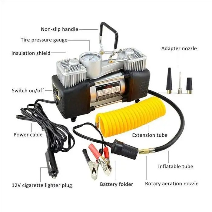 12V Double Cylinder Air Compressor Car Tyre Inflator 150PSI Portable Tire Air Pump with Toolbox & Emergency Repair Kit