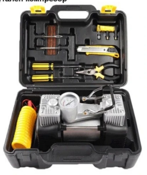 Portable 12V Double Cylinder Car Tyre Inflator Air Compressor 150PSI Heavy Duty Tire Pump with Pressure Gauge & Storage Box