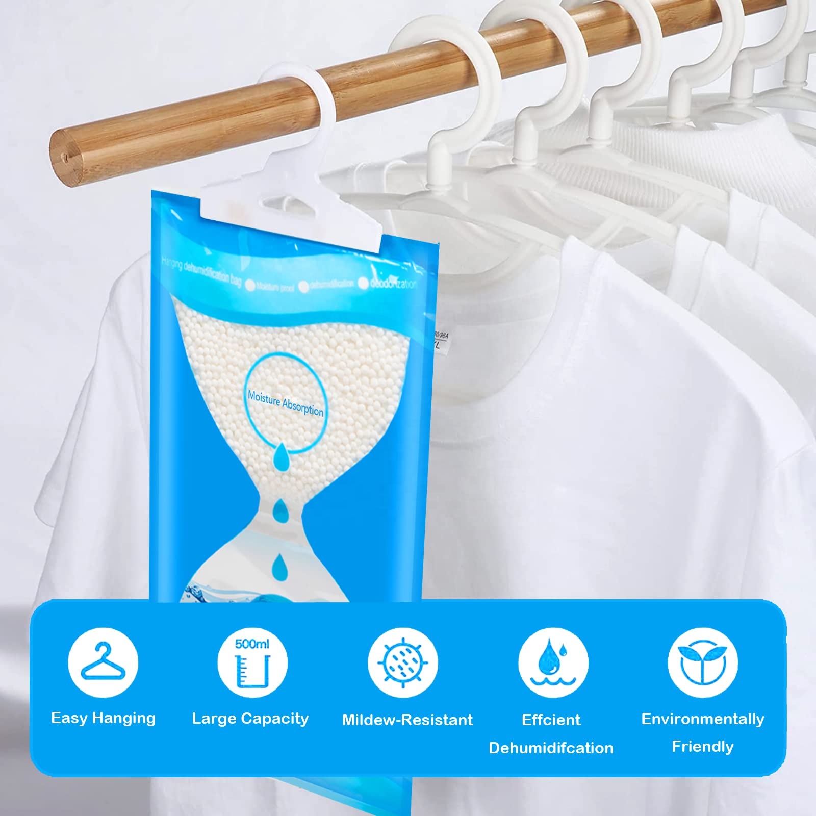 Hanging Dehumidifier Bags | 500ml Moisture Absorber | Wardrobe & Closet Damp Remover.