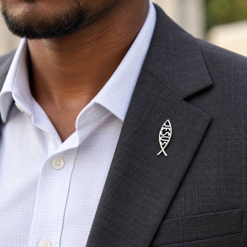 Jesus Fish Christian Lapel Pin with JESUS Lettering – Gold or Silver Faith Badge for Blazers, Jackets and Church Wear