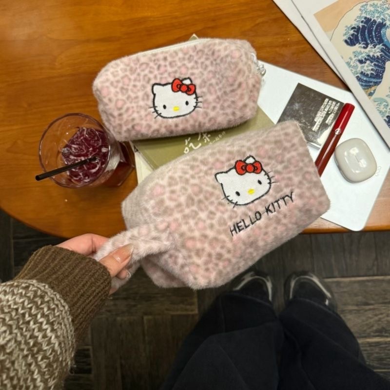 Cute Hello Kitty Plush Cosmetic Bag, Pink Leopard Print Fluffy Makeup Pouch, Portable Handheld Storage Bag for Girls Travel Toiletry Organizer