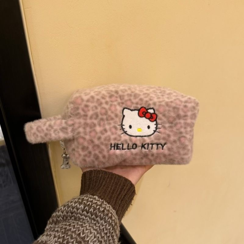 Cute Hello Kitty Plush Cosmetic Bag, Pink Leopard Print Fluffy Makeup Pouch, Portable Handheld Storage Bag for Girls Travel Toiletry Organizer