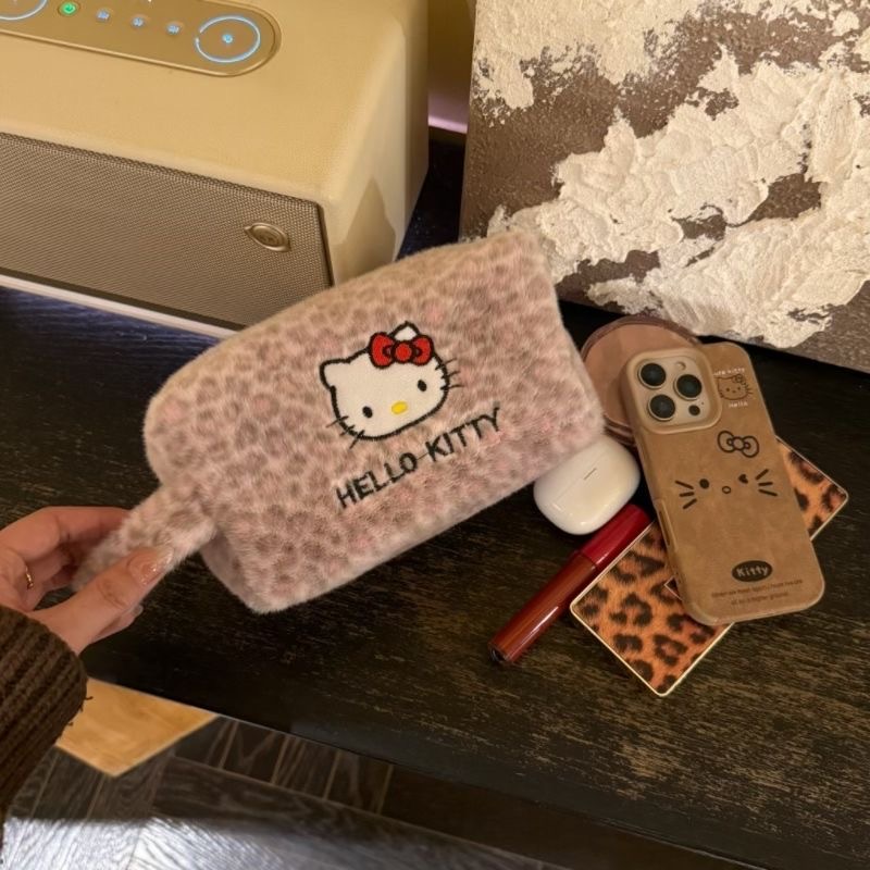 Cute Hello Kitty Plush Cosmetic Bag, Pink Leopard Print Fluffy Makeup Pouch, Portable Handheld Storage Bag for Girls Travel Toiletry Organizer