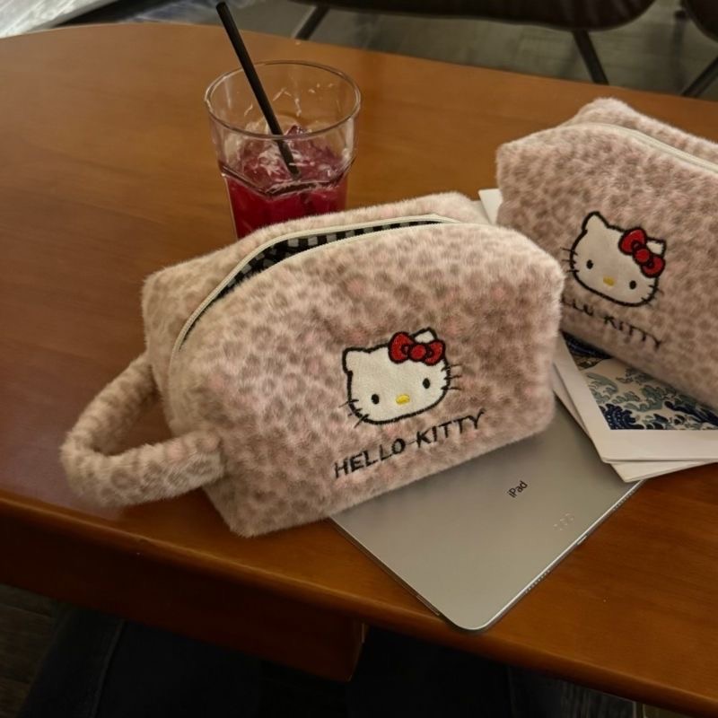 Cute Hello Kitty Plush Cosmetic Bag, Pink Leopard Print Fluffy Makeup Pouch, Portable Handheld Storage Bag for Girls Travel Toiletry Organizer
