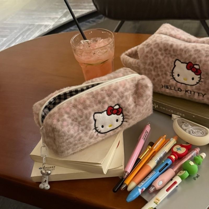 Cute Hello Kitty Plush Cosmetic Bag, Pink Leopard Print Fluffy Makeup Pouch, Portable Handheld Storage Bag for Girls Travel Toiletry Organizer