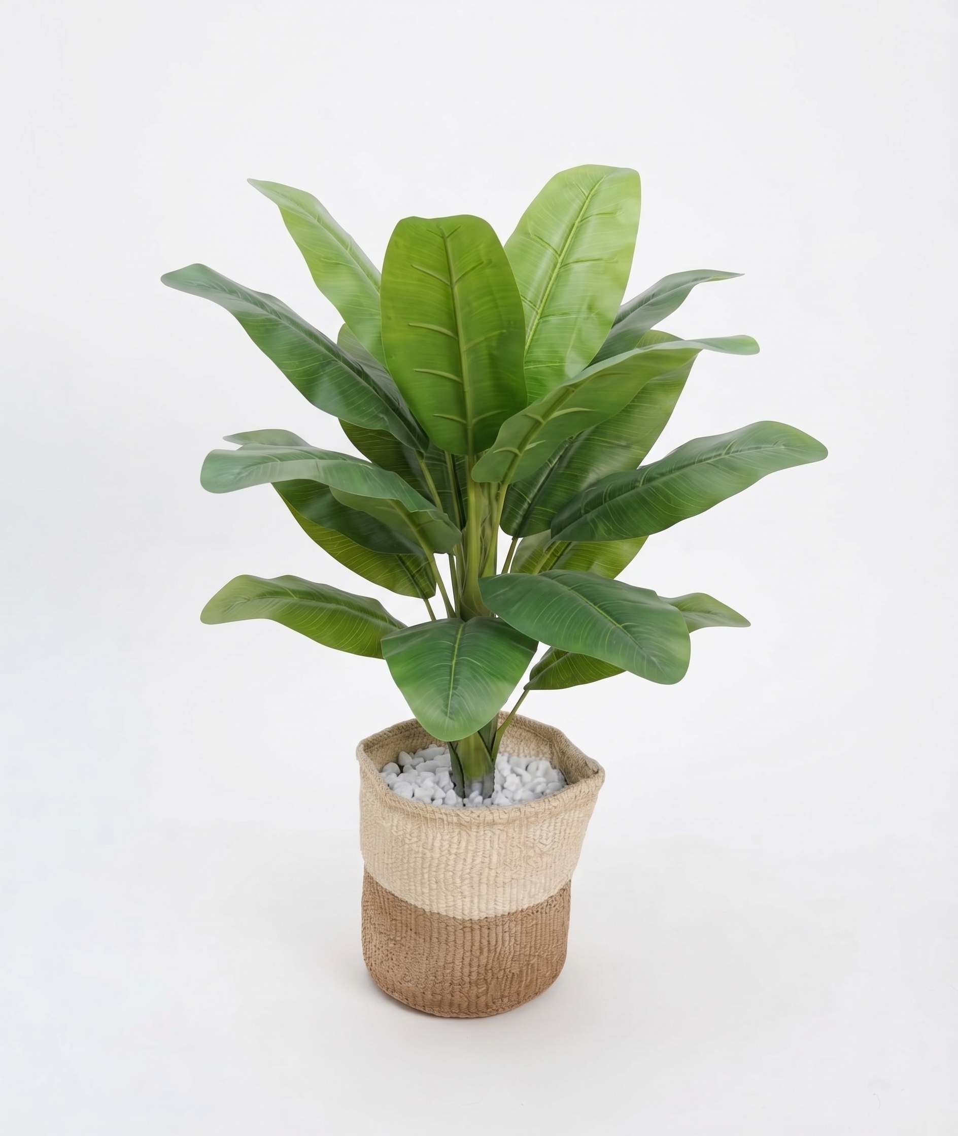 Artificial Banana Plant (80cm, 18 Leaves) – With Sisal Basket & Pebbles, Realistic Faux Tropical Plant for Home & Office Decor