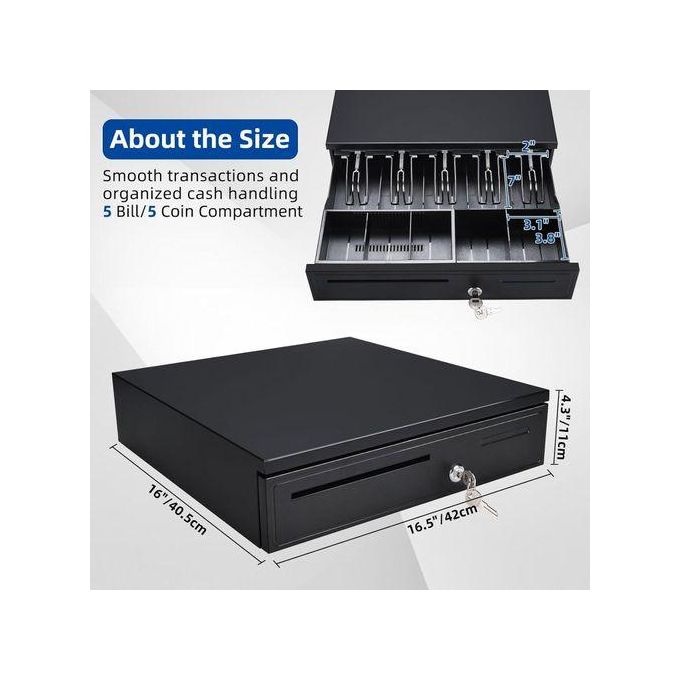 Metal Cash Drawer - 5 Slot, Black, 16.5"x16"x4.3", Secure Locking System for POS, Durable for Retail
