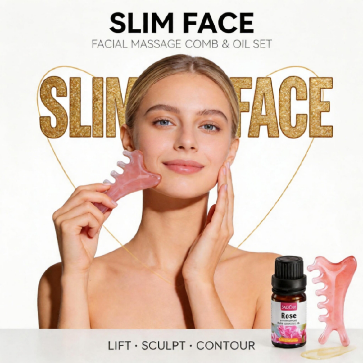 SADOER Face Slimming Essential Oil Skin Care Set Slim Facial Double Chin Jawline V-shaped Face Natural Firming Contouring Serum Anti-Bloating Puffiness Reduction Multi Functional Massage Comb
