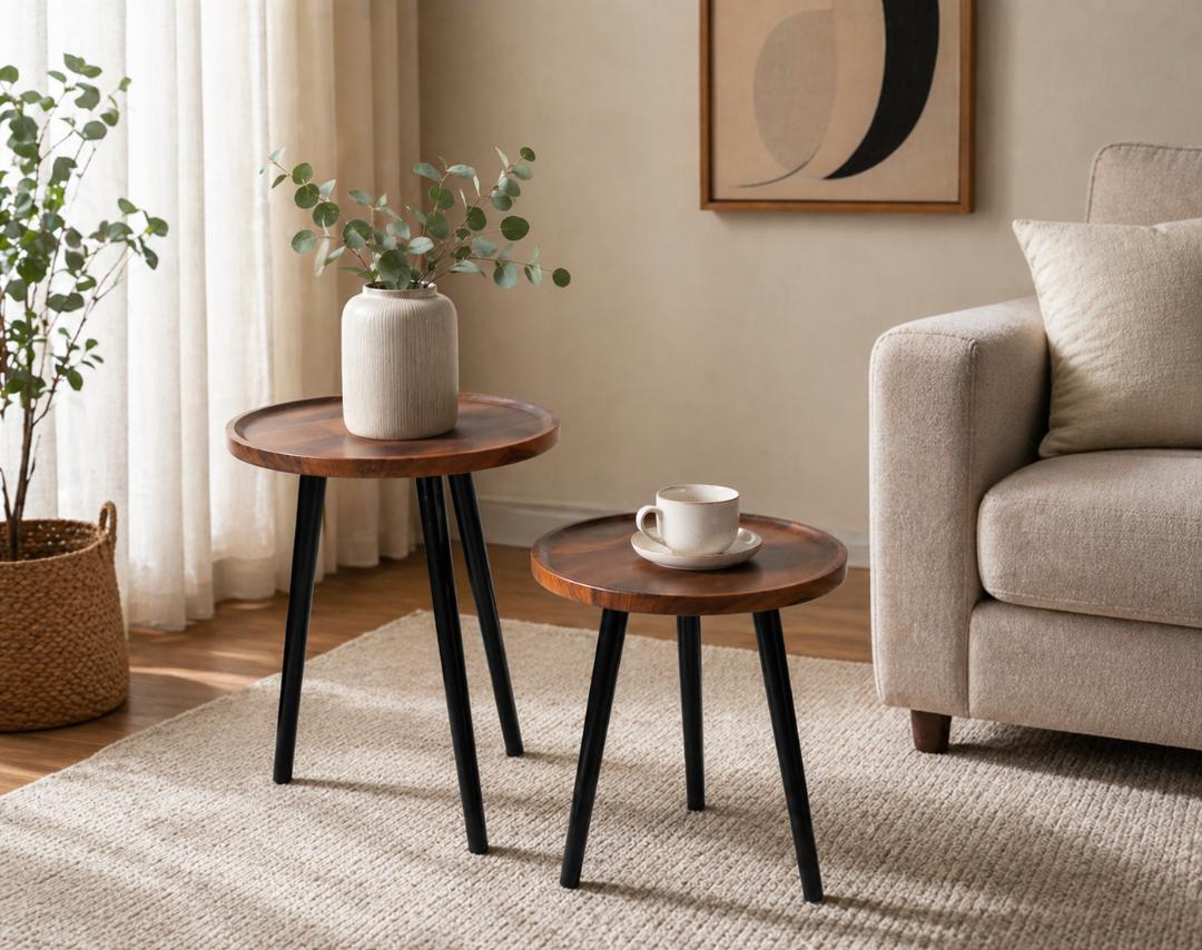 Twin Round Nesting Coffee Tables – Modern Dark Wood-Look Top & Black Metal Legs (2PCS Set)