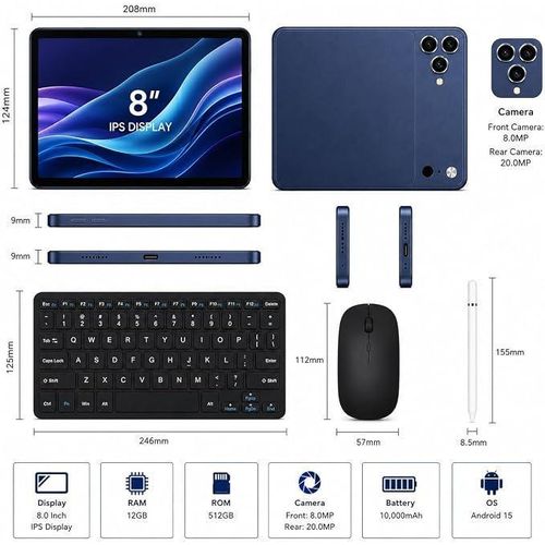 Modio M136 8 Inch Android 16.0 Tablet, 8GB RAM 512GB Storage, 5000mAh Battery, 20MP Rear Camera, 8MP Front Camera, IPS HD Display, Dual SIM, Wi-Fi, Keyboard, Mouse & Stylus Included (Blue)
