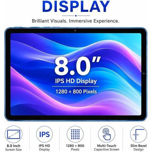 Modio M136 8 Inch Android 16.0 Tablet, 8GB RAM 512GB Storage, 5000mAh Battery, 20MP Rear Camera, 8MP Front Camera, IPS HD Display, Dual SIM, Wi-Fi, Keyboard, Mouse & Stylus Included (Blue)