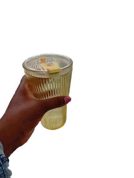 Ribbed Juice/water glass tumblers , comes with a straw and an airtight lid. 500ml