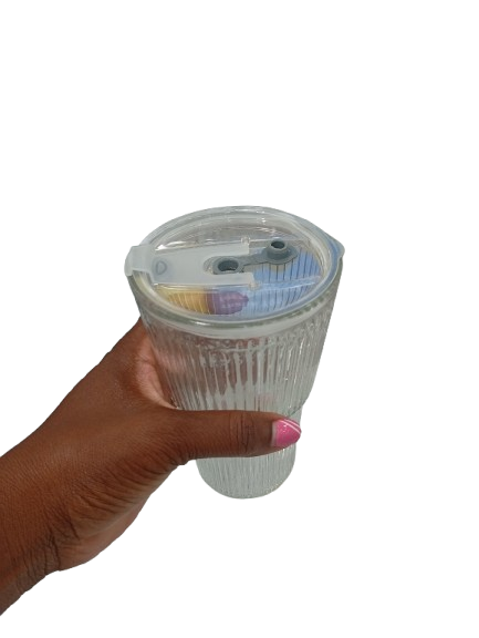 Ribbed Juice/water glass tumblers , comes with a straw and an airtight lid. 500ml