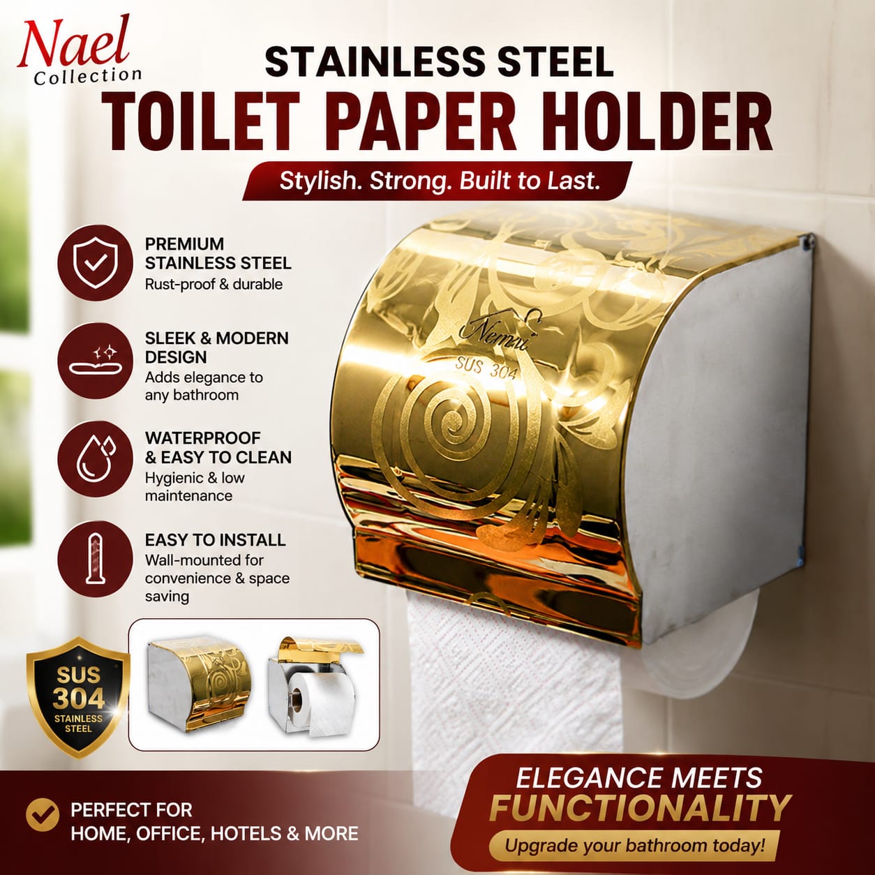 ✨ Upgrade Your Bathroom with Elegance !Premium Gold Stainless Steel Toilet Paper Holder 🏆 💛 Elegance meets functionality!
Give your bathroom a beautiful, classy finish today.
