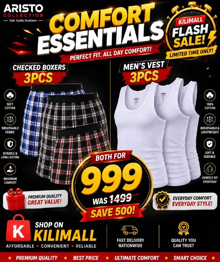 🔥 FLASH SALE! 🔥 Upgrade your everyday comfort! 🩳👕 ✅ Checked Boxers 3PCS + Men's Vest 3PCS 💥 Both for only KSh 999 ⏳ Limited stock – Order now on Kilimall!
