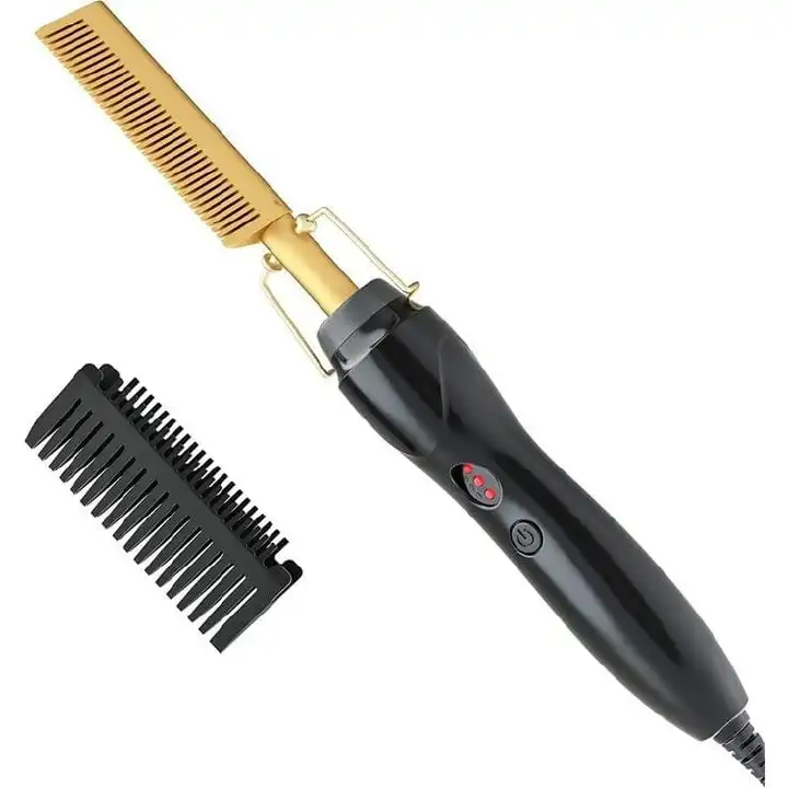 Golden Electric Hot Comb Hair Straightener Heat Press Comb Fast Heating Styling Tool for Women Salon Professional Hair Straightening Comb with Temperature Control Anti Scald Design