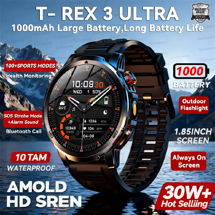 Military T-Rex 3 Smart Watch Fitness Clock Men 466*466 AMOLED Screen 1000mAh Battery outdoor Flashlight Bluetooth Calling Waterproof Smartwatches Health Management AI Voice Assistant