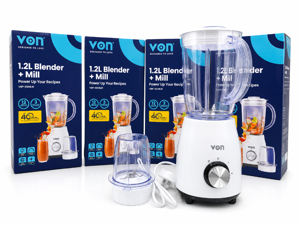 🥤🍓 VON 1.2L Blender with Dry Mill 🥤 Powerful Kitchen Food Processor ⚡ 2-Speed Control + Pulse Function 🔄 1.2L Durable Jug 🍹 Multi-Purpose Smoothie, Juice & Soup Maker 🍎 Coffee & Spice Grinding M