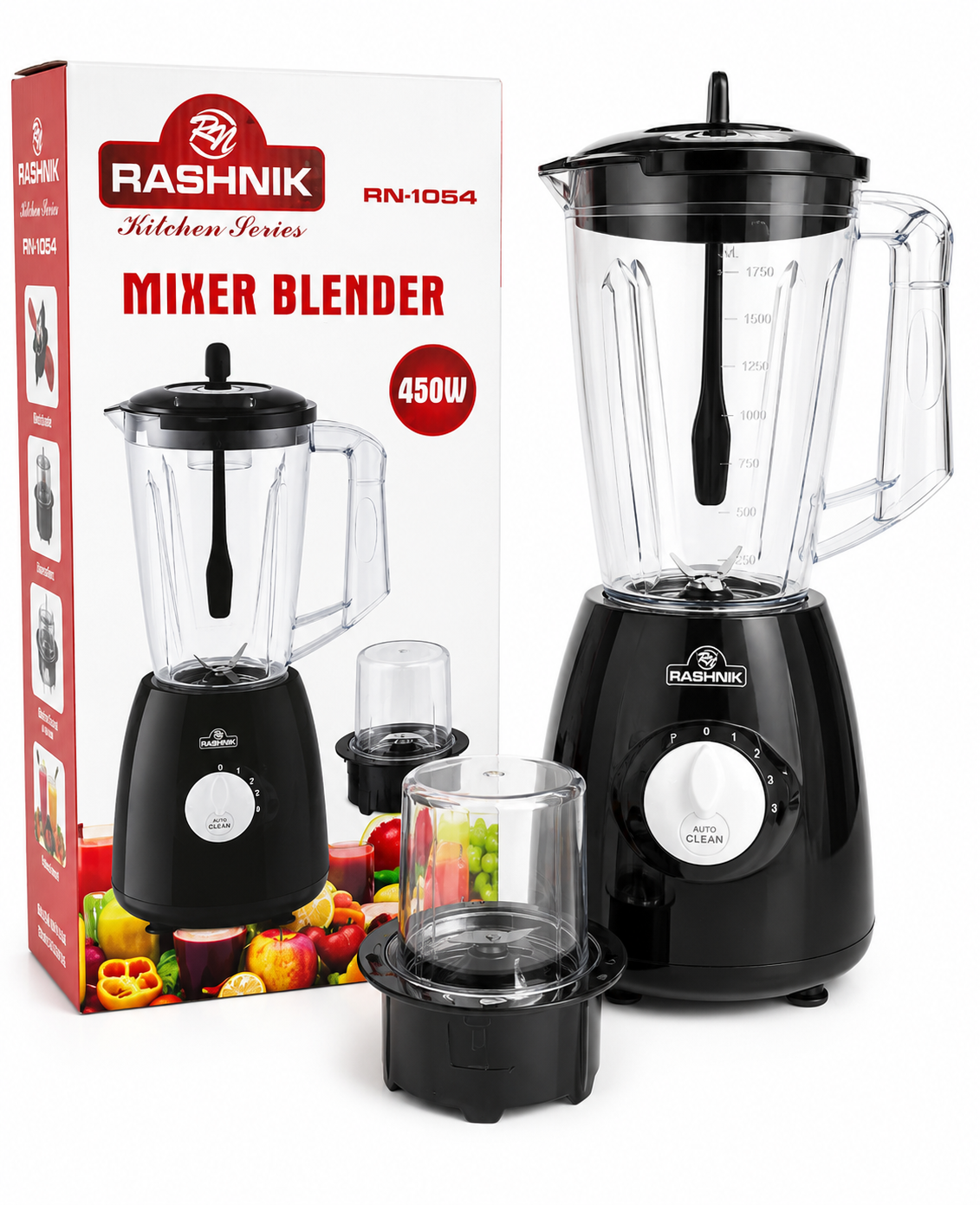 🥤🖤 RASHNIK RN-1054 2-in-1 Mixer Blender & Grinder ⚡ | 450W Powerful Motor 💪 | 1.75L Large Capacity Blender Jar 🍓🥭 | Multi-Speed Control with Auto Clean 🔄 | Dry Grinder for Coffee, Spices & Nuts