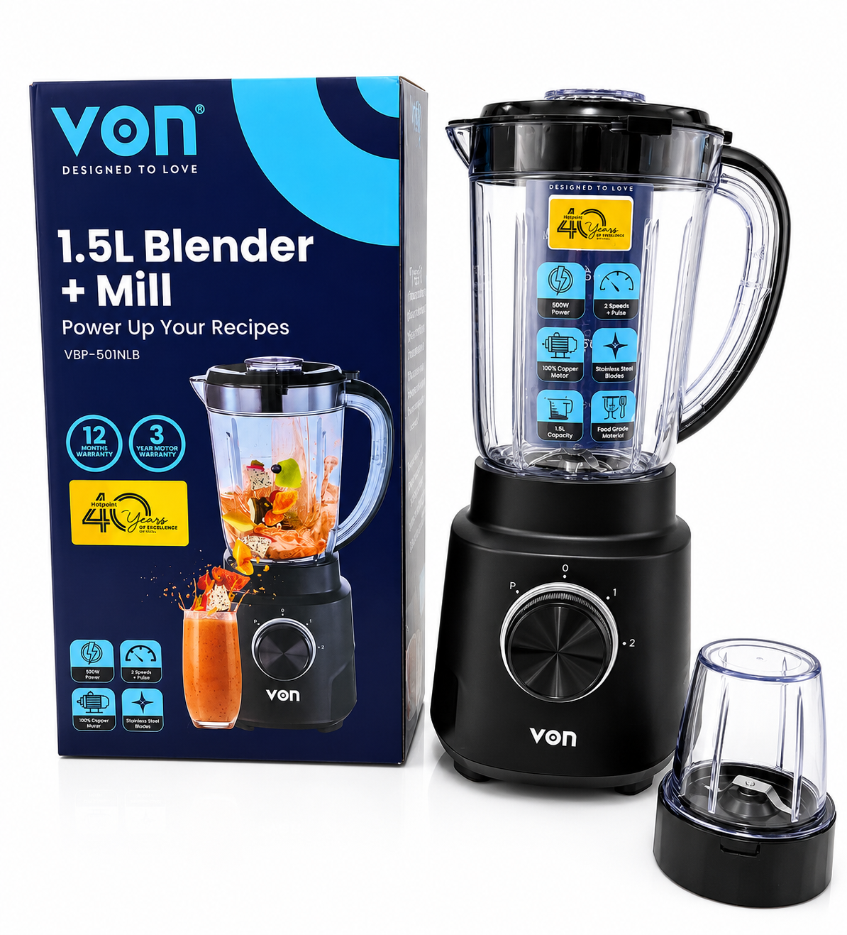 🥤🍹 VON 1.5L Blender with Dry Mill 🥤 Powerful Kitchen Blender ⚡ 2-Speed Control + Pulse Function 🔄 1.5L Large Capacity Jar 🍓 Smoothie, Juice & Soup Maker 🍌 Coffee Bean, Spice & Nut Grinder ☕ Dura