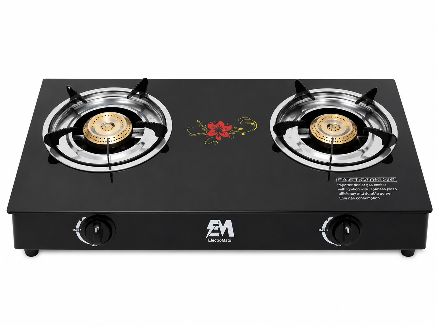 🔥🍳 Electromate GS005 Two-Burner Gas Cooker – Premium Black Glass Top Double Burner Stove with Sleek Modern Design, Durable Burner Supports & Easy Flame Control, Perfect for Home Kitchen, Everyday Co