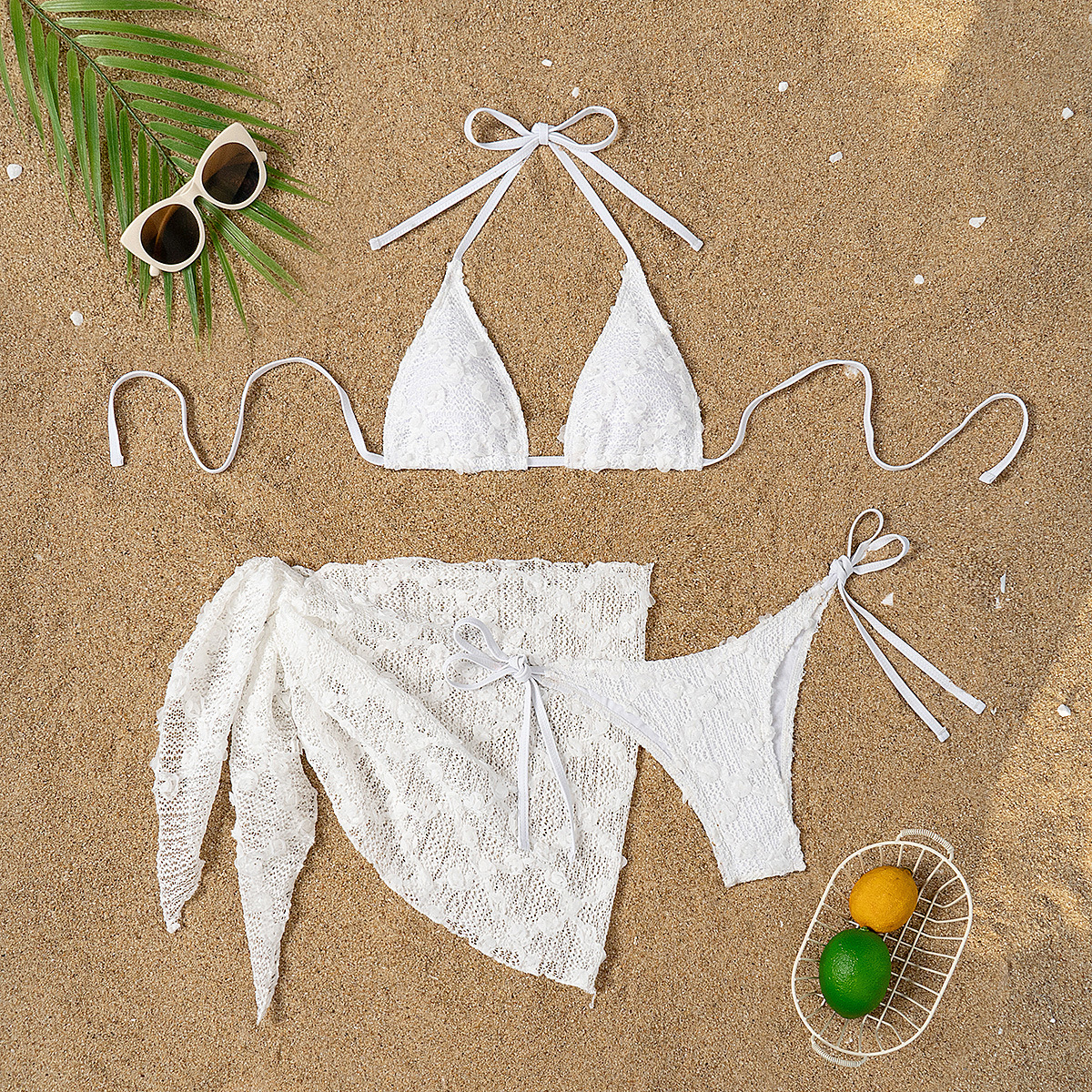 2025 New Split Bikini Mesh Sexy Slim Fit Neck Strap Swimsuit Women's Swimsuit 3Pcs Bikini Set R0170