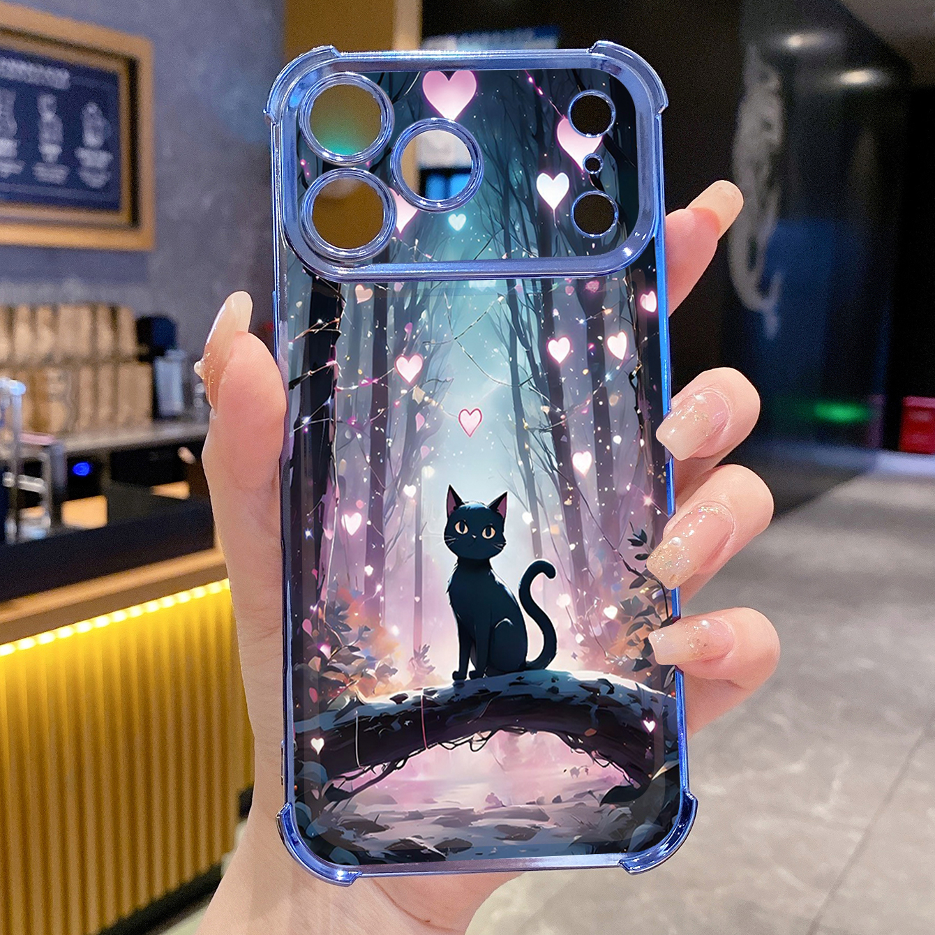 for iPhone 17 Pro Max 16 15 14 Plus Plating Phone Case Shockproof Cover Black Cat Heart Flower