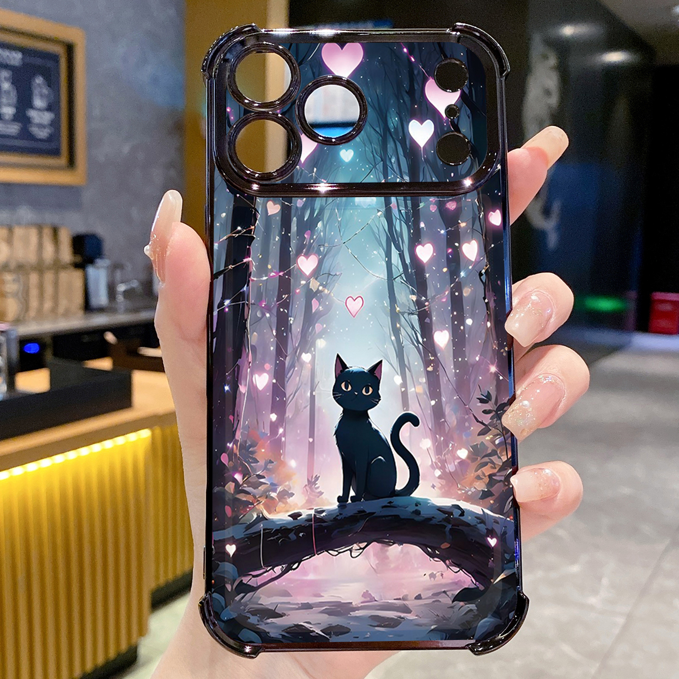 for iPhone 17 Pro Max 16 15 14 Plus Plating Phone Case Shockproof Cover Black Cat Heart Flower