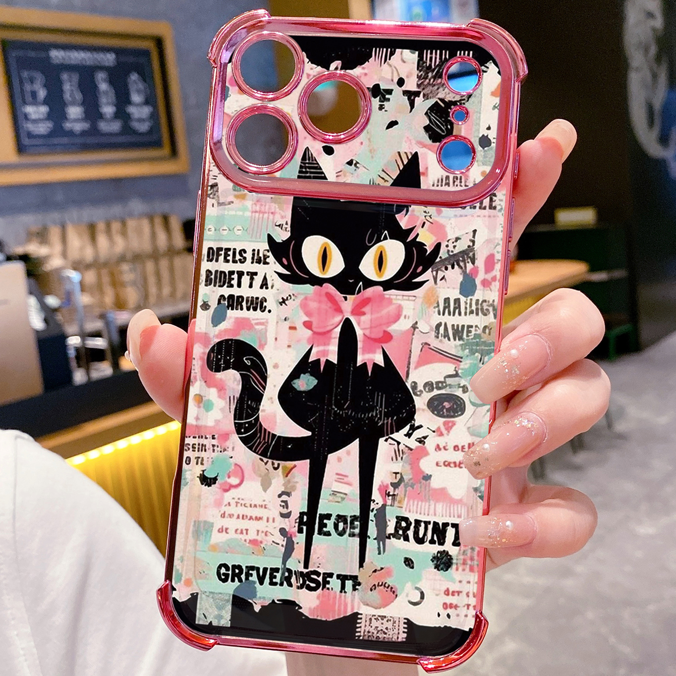 for iPhone 17 Pro Max 16 15 14 Plus Plating Phone Case Shockproof Cover Black Cat Heart Flower
