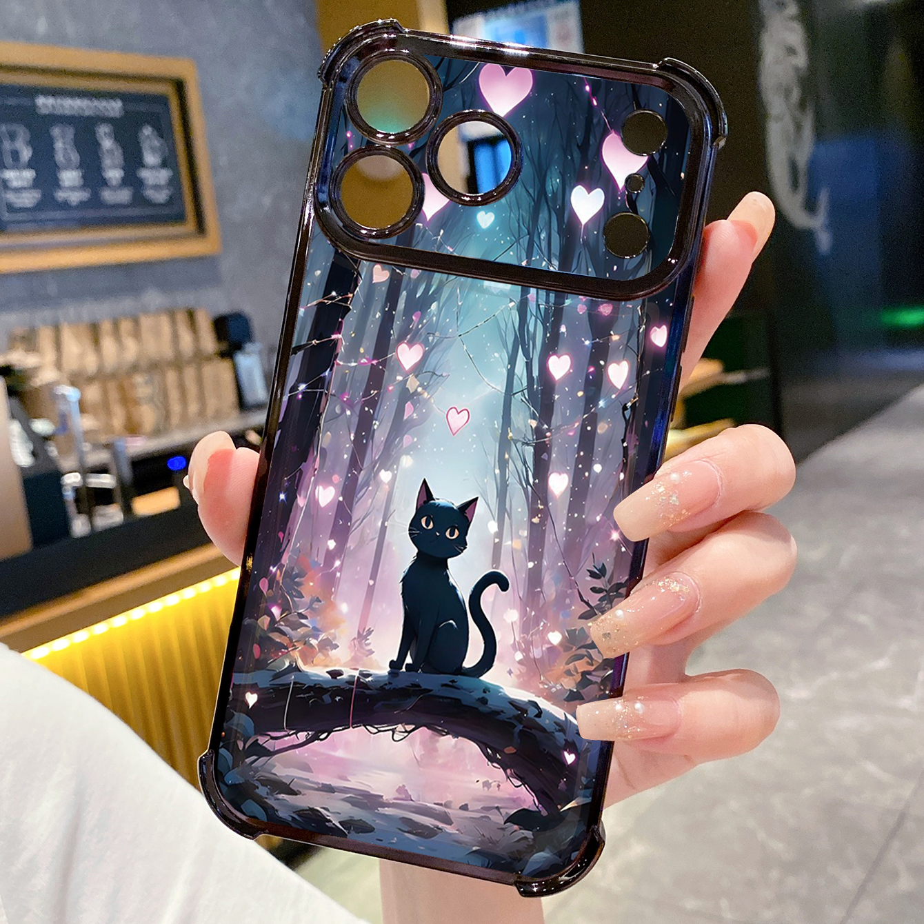 for iPhone 17 Pro Max 16 15 14 Plus Plating Phone Case Shockproof Cover Black Cat Heart Flower